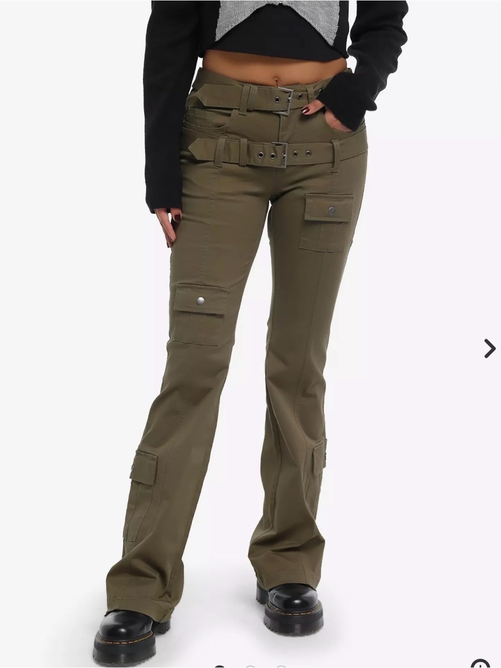 Hot Topic Army Green Military Double Belt Low Rise Cargo Flare Pants Size 3